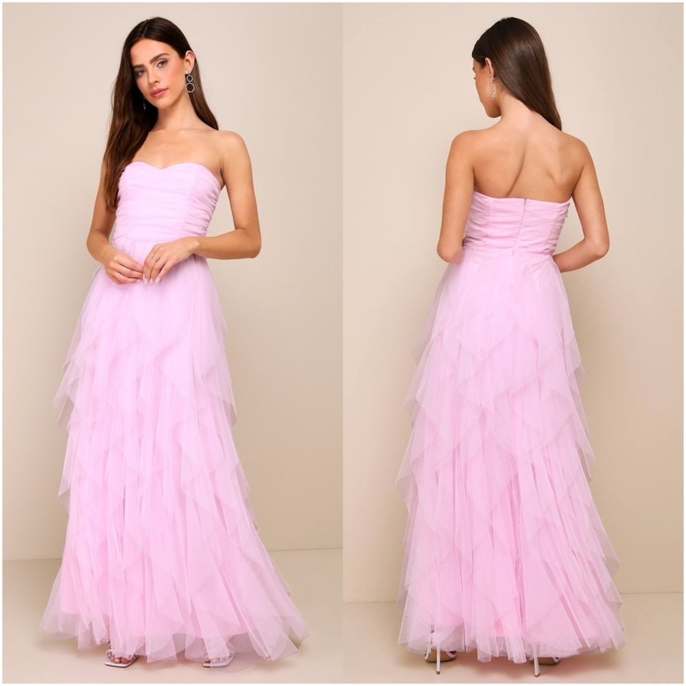 LULU'S Delightful Beauty Pink Mesh Strapless Ruched Ruffled Maxi Dress